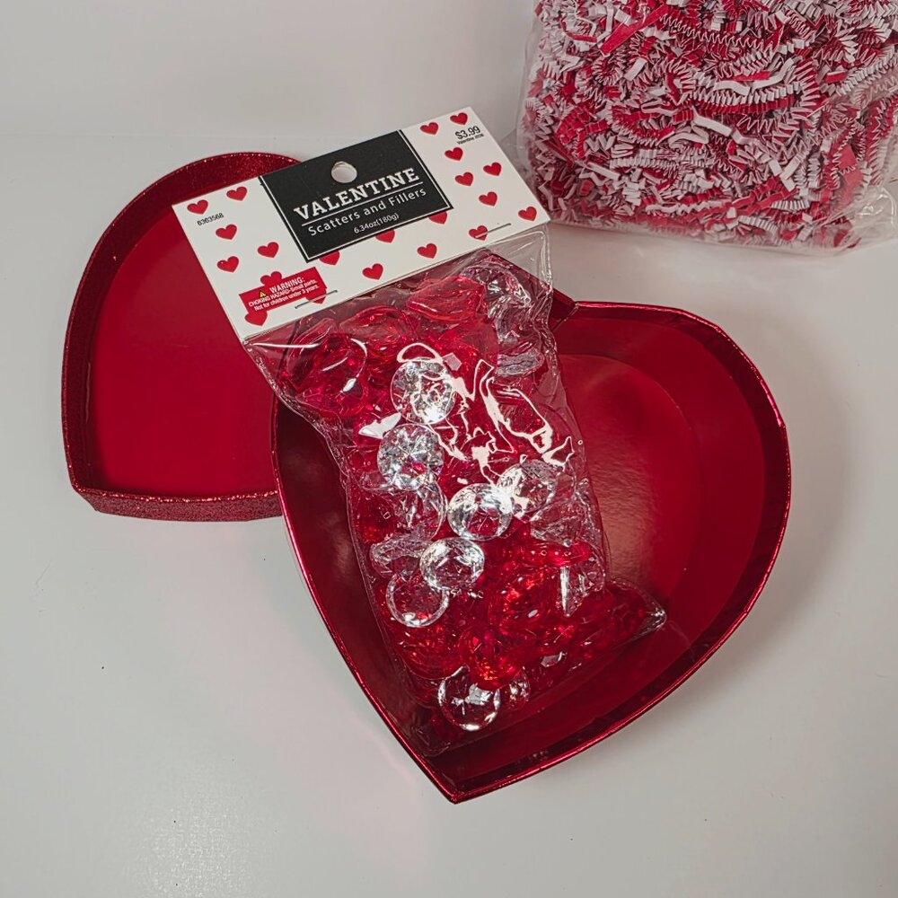 Valentine Heart Gift Box Set w/ Fillers – Glitter Heart Box, Gems & Paper Shred - Picture 6 of 9